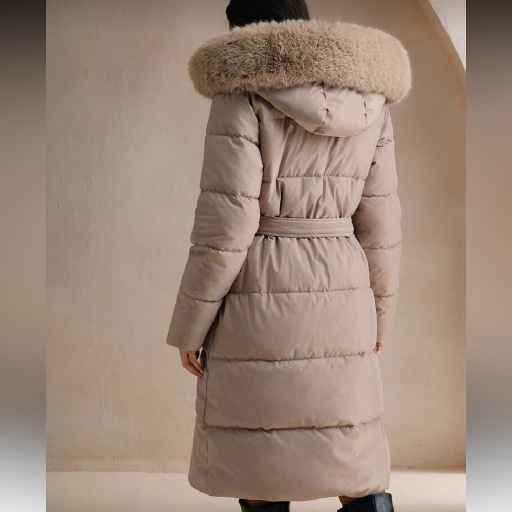 Faux fur lined hooded quilted puffer jacket long full length coat belted black - Picture 9 of 13
